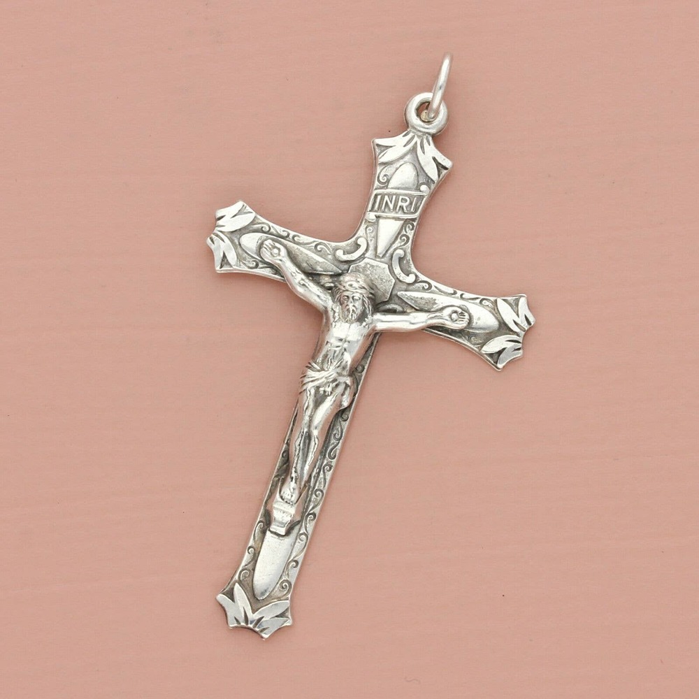vintage sterling silver scrolled crucifix cross miraculous medal pendant